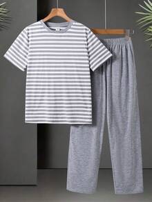 SHEIN 2件組兒童青少年男孩花卉灰色條紋短袖上衣與長褲運動褲套裝，休閒學院風，舒適簡約實用 - 灰色 - 查看 6