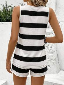 EMERY ROSE Setelan Tank Top Tanpa Lengan Hitam Putih dan Kaos Lengan Pendek untuk Wanita, Cocok untuk Musim Panas dan Pantai Kasual - Hitam dan Putih - View 3
