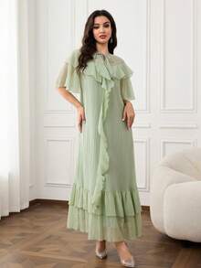 Yasmyna Damen einfarbiges Rüschen-Lässig-Elegantes-Party-Formal-Tanz-Arabisches-Kleid Salbeigrün Winter - Grün - Übersicht 3