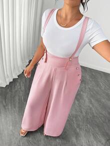 Elenzga Women's Plus Size Adjustable Pearl Buckle Decor Pocket Long Overalls Elegant Party Jumpsuit - Dusty Pink - View 6