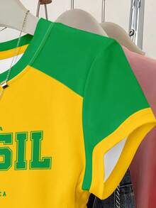Resyla 女款收腰短袖修身抓皺上衣 Brazil 字母印花條紋圖案 T-shirt 巴西風足球球迷衫 綠色與黃色 - 彩色 - 查看 3
