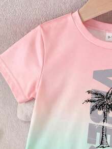 SHEIN 嬰幼兒男女通用休閒椰子樹漸層印花短袖T恤短褲套裝，舒適日常穿著，適合春夏季、拍照、外出、送禮，時尚男孩休閒童裝圖案服飾，春夏季新款輕鬆舒適休閒風 - 彩色 - 查看 6