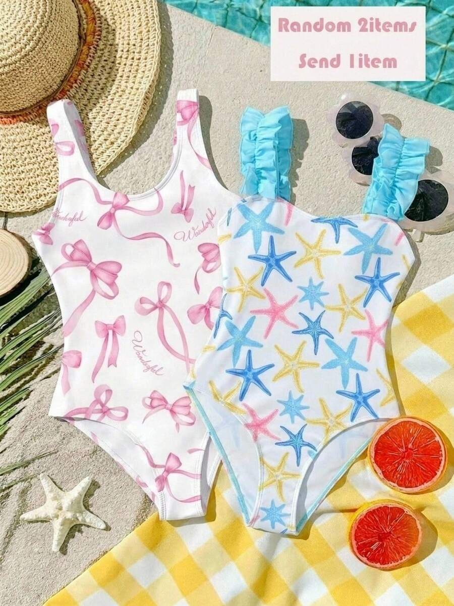 SHEIN 女童海星印花露背蝴蝶结装饰短袖连体泳衣,适合游泳池、海滩、冲浪、度假、夏季旅行,青少年沙滩泳装,海星印花连体泳衣,青少年泳衣,连体泳衣,全包覆式连体泳衣,价格实惠,适合青少年穿着,青少年比基尼连体泳衣 - 淺藍色 - 查看 1
