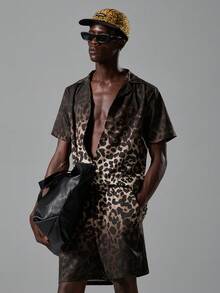Salvezio 2pcs Set Men's Ombre Leopard Print Casual Oversize Full Print Short Sleeve Shirt & Matching Shorts - Multicolor - View 3