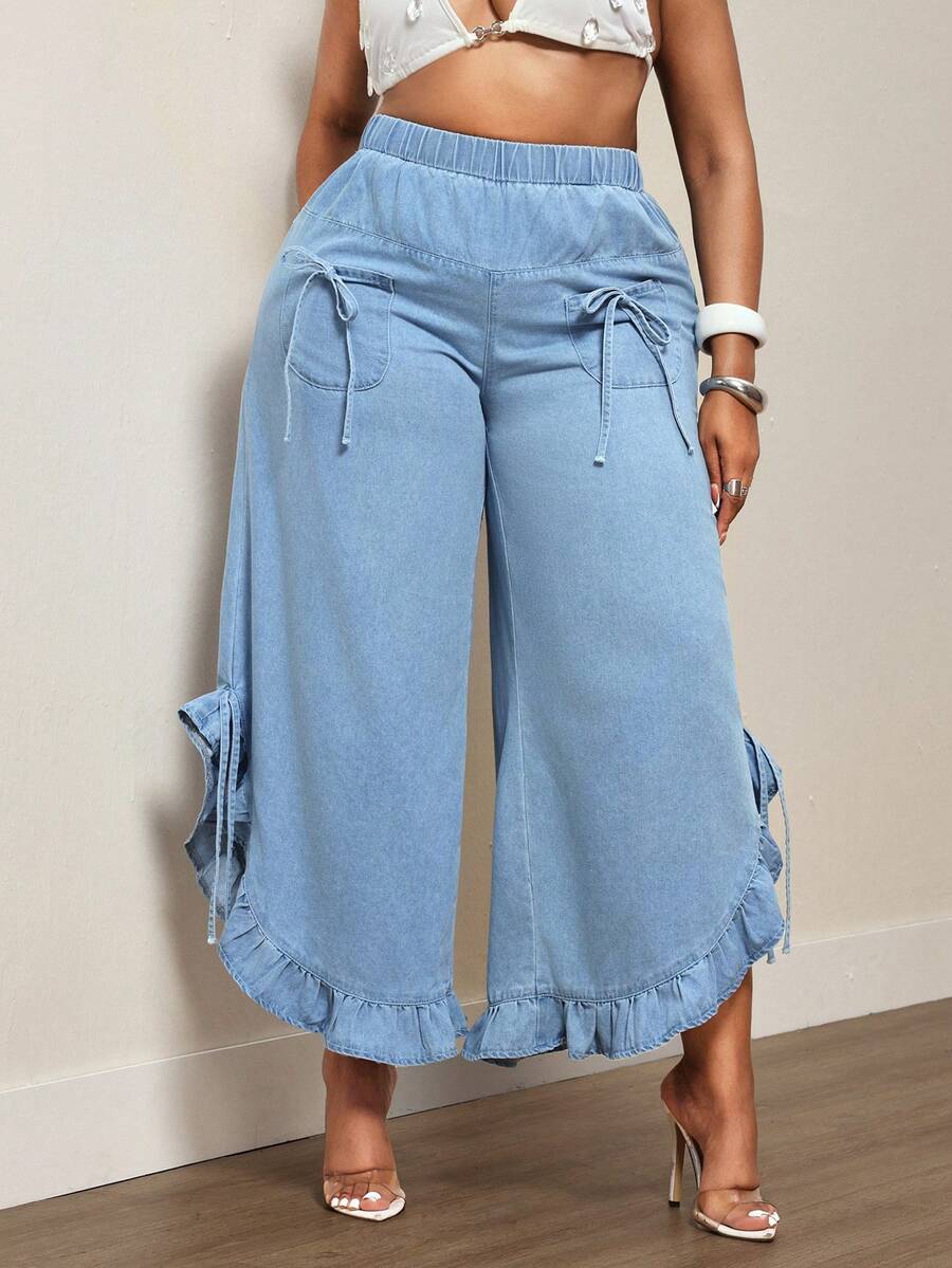 Slaydiva Plus Size Women's Non-Stretch High Waist Ruffle Hem Wide Leg Jeans Cowboy Outfits For Women - Light Wash - View 1