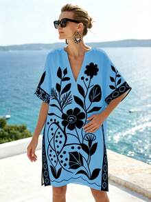 SHEIN Holidaya 简约米色和黑色花卉印花V领短袖宽松A字连衣裙，适合工作和休闲场合，版型修身，花卉图案装饰 - 藍色 - 查看 5