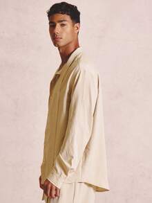 Musero Button Up Long Sleeve Relaxed Fit Shirt Draped Extended Collar Neck Detail Spring Summer Essentials Co-Ord Shirt Only - Khaki - View 3