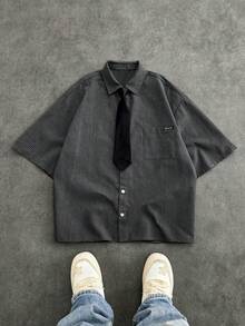 SWAVVY Men's Single-Breasted Preppy Style Short Sleeve Shirt - Dark Grey - View 1
