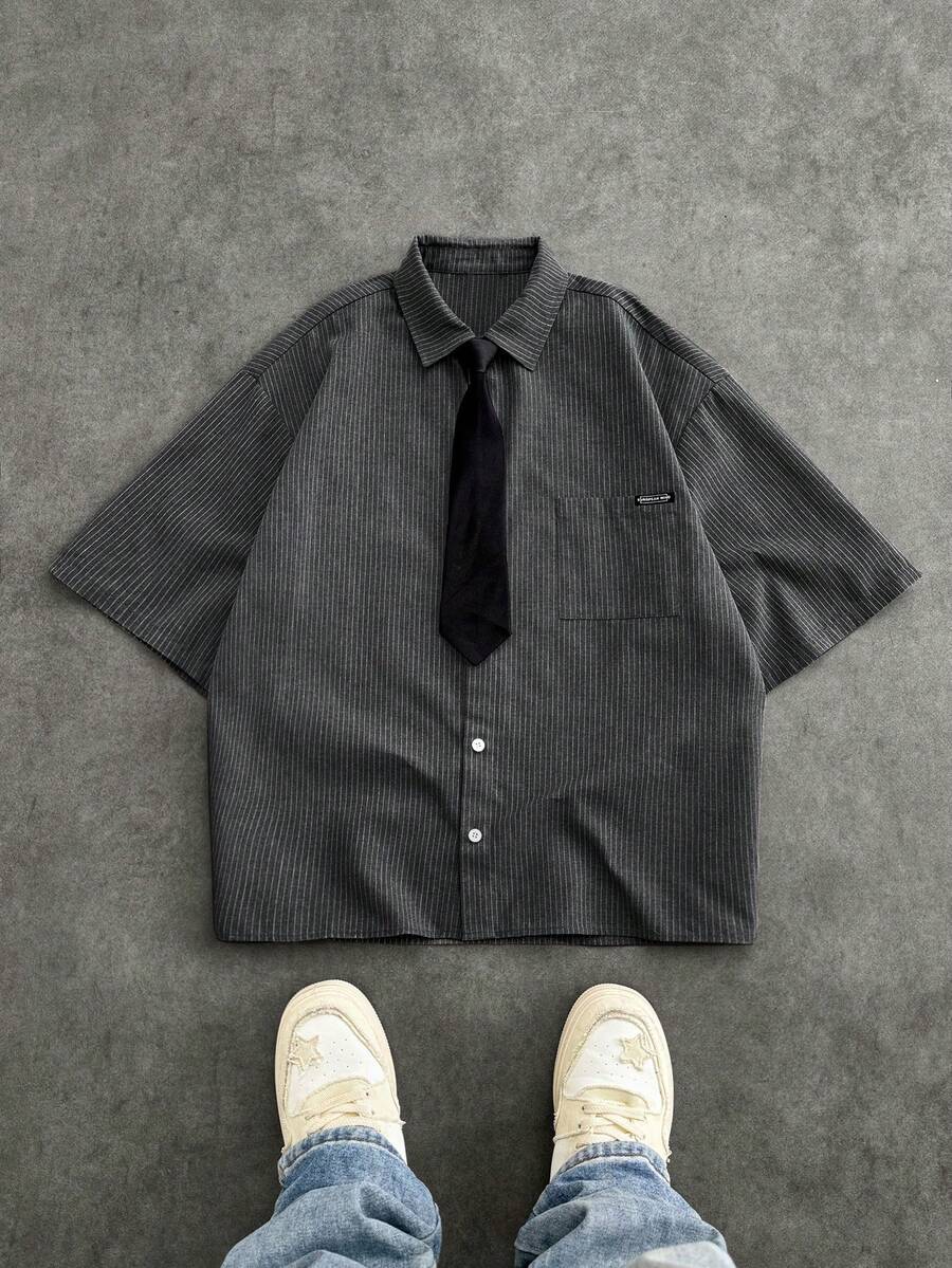 SWAVVY Men's Single-Breasted Preppy Style Short Sleeve Shirt - Dark Grey - View 1