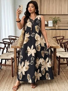 Weeklong Plus Size Women's Spring/Summer Notch Neck Sleeveless A-Line Large Floral Print Casual Vacation Dress - Multicolor - View 5