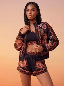 CAJUNI Windbreaker Jacket With Tapestry Flower Print - Black - View 7