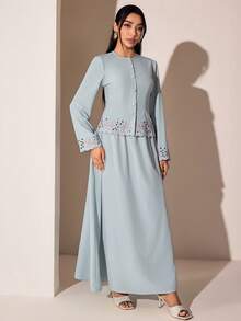 Solavon Women's Floral Embroidered Pattern Long Sleeve Top And Skirt Casual Daily Arabic Set - Green - View 3