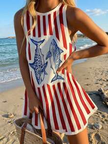 SHEIN EZwear 女款條紋拼接魚紋休閒派對短洋裝 - 白色 - 查看 8