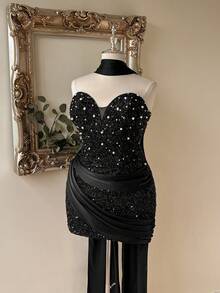 Lovelzi Elegantes romantisches Modekleid in Große Größen aus schwarzem Paillettenstoff und Satin-Patchwork, trägerlos, für Musikfestival, Geburtstagsparty, Hochzeitsevent, Nachmittagstee-Party, Cocktailparty - Schwarz - Übersicht 7