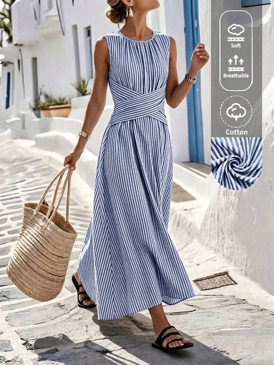 SHEIN LUNE Women's Summer Blue & White Striped Fabric Round Neck Cinched Waist Full Skirt Sleeveless Maxi Dress, Elegant & Sophisticated Birthday Gift, Date, Party, Carnival, Travel, Beach, Vacation, Street Photography, Atmospheric Outfit, Summer Clothing, Summer Dress, Summer New Arrival, Must-Have Fashion Item, Niche Design, Versatile Style, Women's Casual Vacation Style Maxi Dress - Blue - View 1