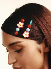 Popjeli Conjunto de 4 Presilhas de Cabelo Femininas com Flores, Presilhas Elegantes para Franja Lateral com Flores em Dois Tons, Presilhas de Cabelo com Pérolas Falsas e Formato de Jacaré, Acessórios para Cabelo, Grampo de Cabelo - Multicolorido - Ver 1