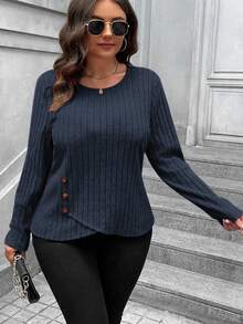 SHEIN LUNE Plus Size Women's Spring/Autumn Casual Button Decor Ribbed Texture Long Sleeve T-Shirt Fall - Navy Blue - View 6