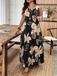 Weeklong Plus Size Women's Spring/Summer Notch Neck Sleeveless A-Line Large Floral Print Casual Vacation Dress - Multicolor - View 4