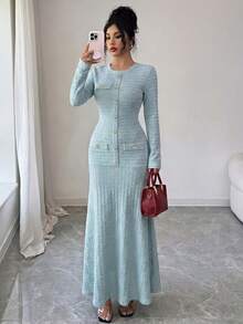 Modelyn 优雅长款酒红色椭圆领连衣裙，适合女士冬季外出穿着 - 藍色 - 查看 8