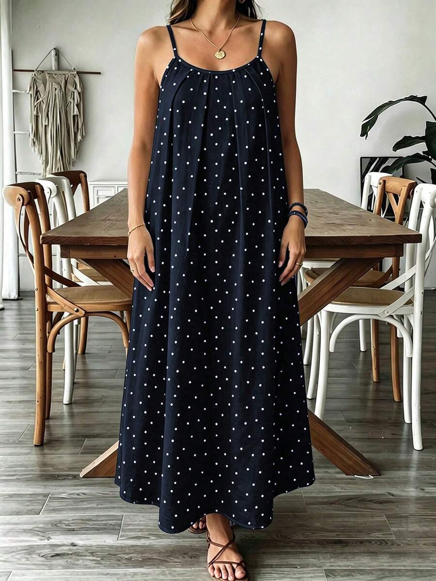 SHEIN VCAY Plus Size Summer Spaghetti Strap Polka Dot Dress - Navy Blue - View 1