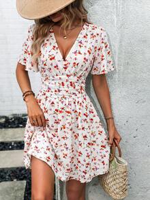 EMERY ROSE Gaun Wanita Elegan Motif Bunga, Potongan V-Neck, untuk Kencan dan Ulang Tahun, Cocok untuk Liburan dan Mempertegas Pinggang. - MultiWarna - View 4