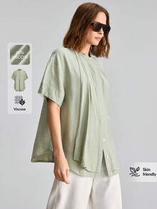 Ontre 女款鼠尾草綠圓領小立領落肩短袖夏季波希米亞風極簡休閒辦公早午餐教師節穿搭 - 薄荷綠 - 查看 1