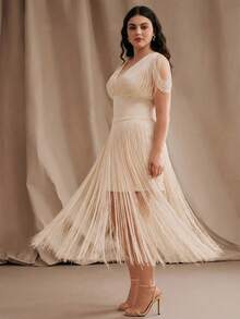 Anewsta Plus Size Women's Solid Color Fringe V-Neck Elegant Party Dress - Apricot - View 1