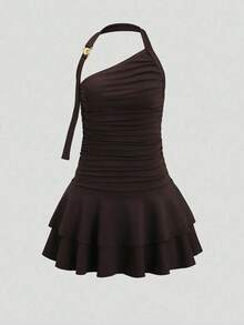 SHEIN Girlism 少女派对礼服新款螺旋金色装饰设计收腰喇叭裙迷你连衣裙，派对迷你连衣裙，返校派对连衣裙吊带派对连衣裙可爱连衣裙棕色连衣裙褶皱连衣裙少女连衣裙单肩连衣裙 - 咖啡 - 查看 1