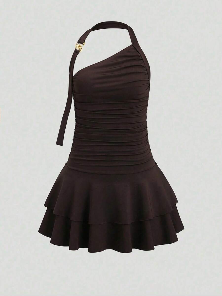 SHEIN Girlism 少女派对礼服新款螺旋金色装饰设计收腰喇叭裙迷你连衣裙,派对迷你连衣裙,返校派对连衣裙吊带派对连衣裙可爱连衣裙棕色连衣裙褶皱连衣裙少女连衣裙单肩连衣裙 - 咖啡 - 查看 1