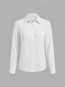 SHEIN 女款休閒通勤單排釦長袖素色襯衫 - 白色 - 查看 5