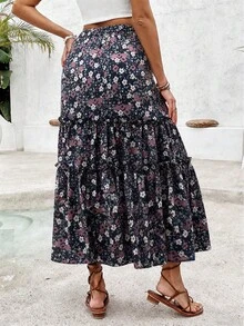 SHEIN PETITE 女款花卉印花時尚法式長裙，適合度假，適合嬌小女性 - 黑色 - 查看 2