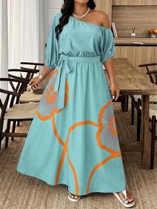Weeklong Gaun Pesta Musim Panas Kasual Wanita Ukuran Plus dengan Motif Bunga, Bahu Asimetris, dan Detail Kerut - MultiWarna - View 3