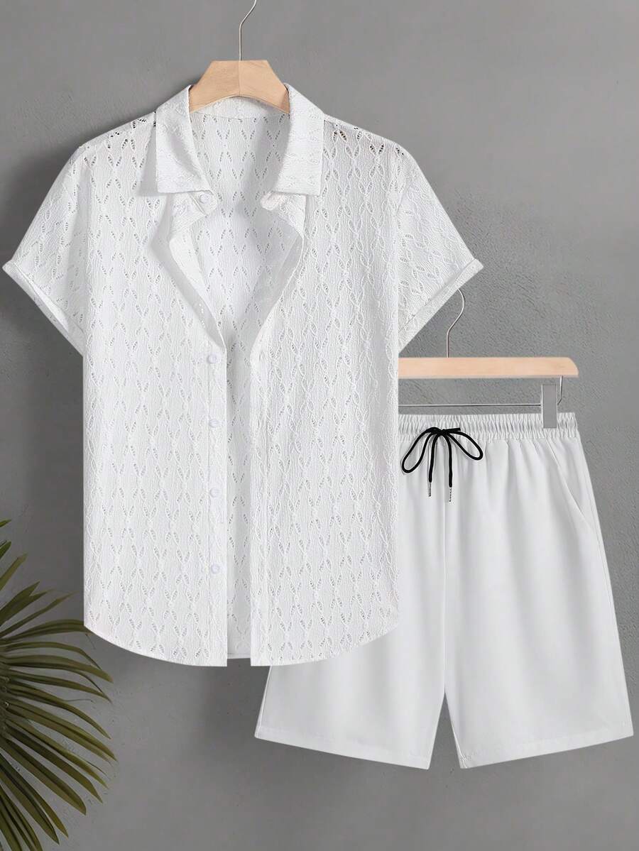 Naviga Onda Summer Men's White Tropical Vacation Solid Button-Front Short Sleeve Shirt And Shorts Set,Beach Hawaii Holiday Swim Bathing Textured Fabric Outfits - White - View 1