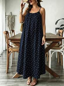 SHEIN VCAY Plus Size Summer Spaghetti Strap Polka Dot Dress - Navy Blue - View 3