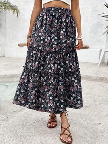 SHEIN PETITE 女款花卉印花時尚法式長裙，適合度假，適合嬌小女性 - 黑色 - 查看 5