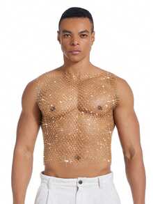 DSELFIQUE Men's Sexy Regular Fit Silver Fishnet Tank Top - Gold - View 5