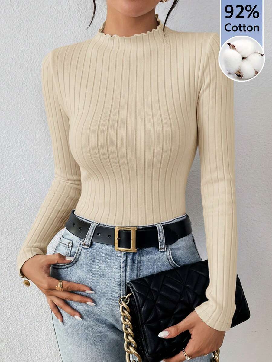 SHEIN Frenchy Apricot 92% Cotton Ribbed Turtleneck Long Sleeve Fitted Women's Base Layer T-Shirt Spring Long Sleeve Top Mock Neck Top - Apricot - View 1