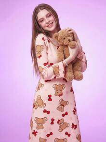 Notgurli Cute Cartoon Bear & Bow Knit Jacquard Women Sleep Dress Teddy Bear Pink Cute Sleepwear Pajama Dress, Fall & Winter - Multicolor - View 5