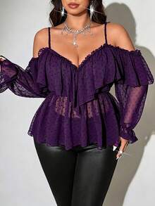 Viva Relle Plus Size French Sheer Lace Ruffle Sexy Cold Shoulder Blouse Fall - Purple - View 3