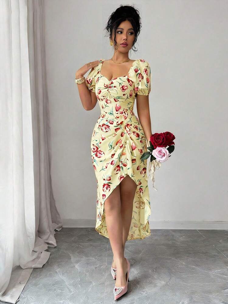 Elenzga Đầm nữ họa tiết hoa, tay cánh hoa, cổ tim, dáng bất đối xứng - Vàng nhạt - Xem 3
