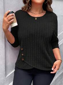 SHEIN LUNE Camiseta de punto de talla grande negra casual para otoño y desplazamientos, cuello redondo, botones laterales, bajo asimétrico, manga larga acanalada - Negro - Ver 6