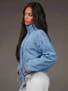 Athîral Denim 女士休闲度假长袖立领牛仔外套 - 淺藍色 - 查看 5