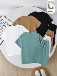 SHEIN 8pcs/Set Kaos dan Celana Pendek Kasual Longgar Bergambar Huruf untuk Anak Laki-Laki Remaja, Cocok untuk Berpergian, Sekolah, Santai Sehari-hari, Olahraga, Musim Semi/Panas - MultiWarna - View 4