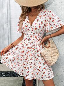 EMERY ROSE Gaun Wanita Elegan Motif Bunga, Potongan V-Neck, untuk Kencan dan Ulang Tahun, Cocok untuk Liburan dan Mempertegas Pinggang. - MultiWarna - View 7