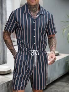 Manfinity Homme Men's Striped Printing Front Button Pocket Short Sleeve Jumpsuit,Men Old Money,Daily Leisure, Weekend Trips, Outdoor Activities, Travel Expeditions, Relaxed Work Environments Or Semi-Formal Occasions, Boyfriend/Husband Gift, Anniversary /Birthday Gift Party Summer Vacation Holiday,Wedding,Spring To Summer,Easter,Y2k,Vintage,Festival,Men's Striped Short Sleeve Shirt And Drawstring Shorts Two-Piece Set Casual Summer Outfit - Multicolor - View 7