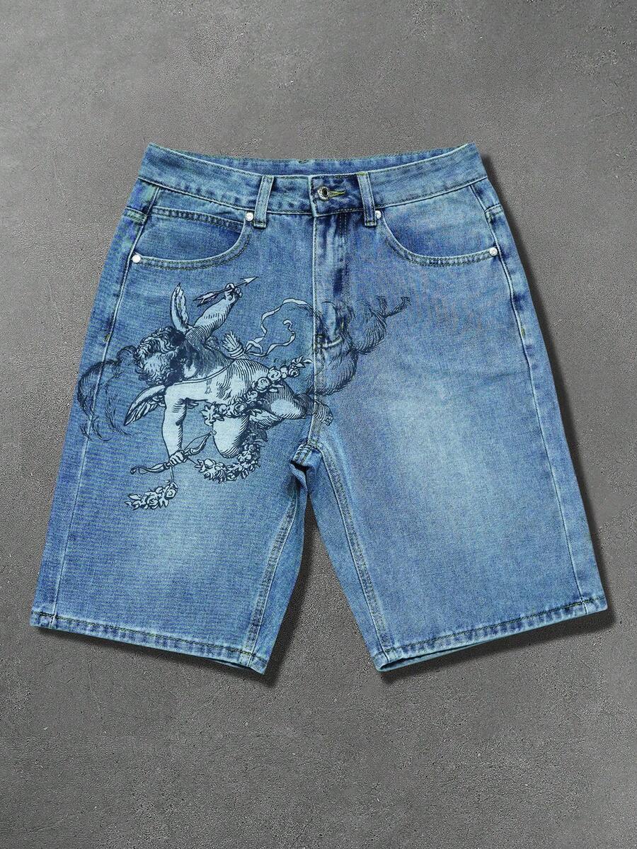 Manfinity EMRG Quần short denim nam phong cách streetwear Gothic in họa tiết thiên thần dưới nước, thời trang đi chơi ngày lễ - Rửa trung bình - Xem 1