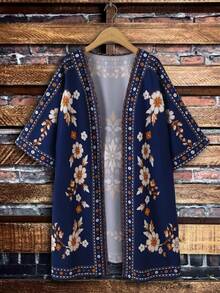 Rusticease Chaqueta abierta de mujer talla grande estilo casual de playa y vacaciones para primavera/otoño con estampado floral - Multicolor - Ver 3