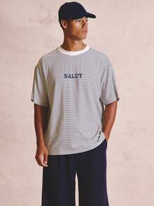 Musero Oversized Striped Front Text Crew Neck Tshirt Spring Summer Essentials - Blue and White - View 2
