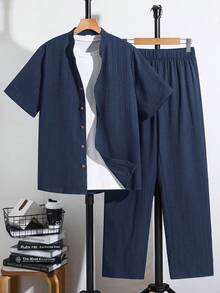 SHEIN 2pcs Teen Boys Loose Contrast Graphic Print Polo Collar Short Sleeve Knit Shirt Set, Casual - Navy Blue - View 6