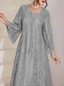 Yasmyna Vestido con cuello cuadrado, encaje, flecos y mangas 3/4 acampanadas para mujeres - Gris - Ver 9